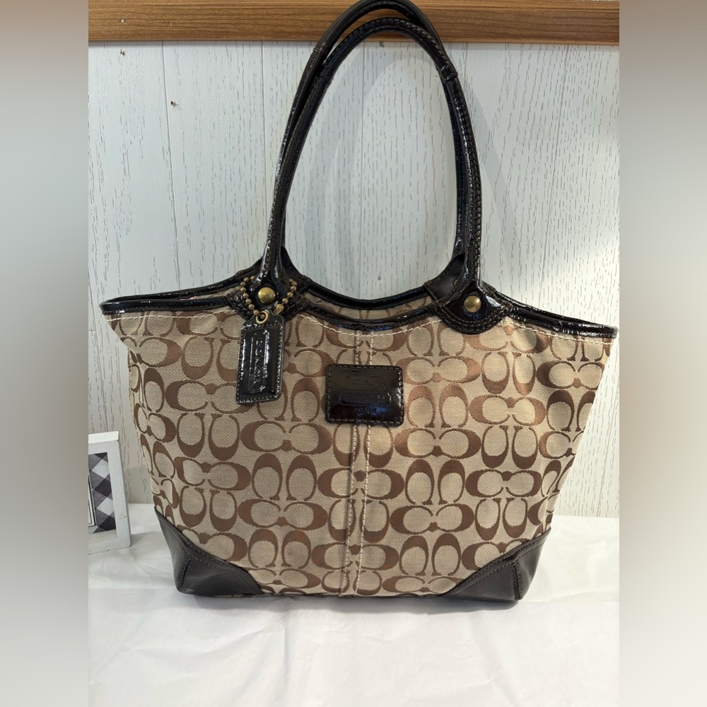 Vintage Coach Signature Brown Monogram Canvas Leather Zip Womens Tote Handbag